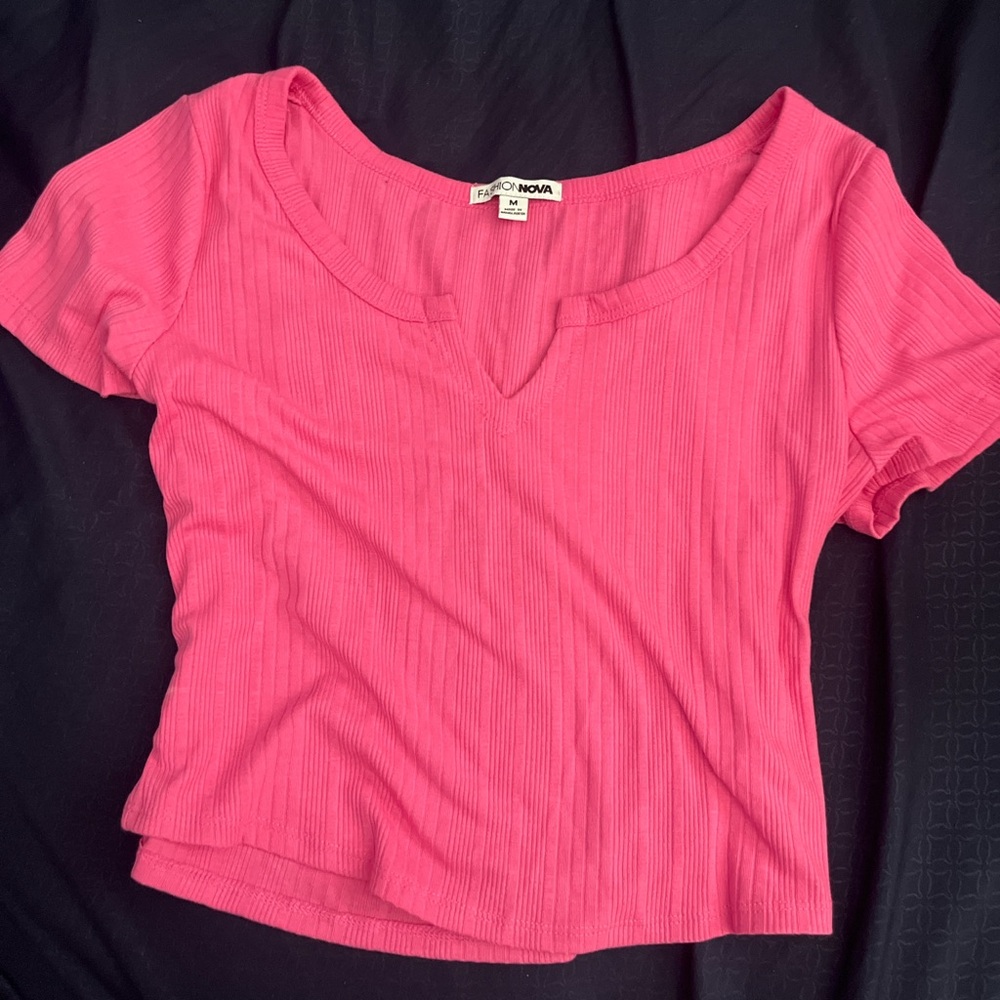 Fashion Nova Hot Pink Ribbed V-Notch Crop Top